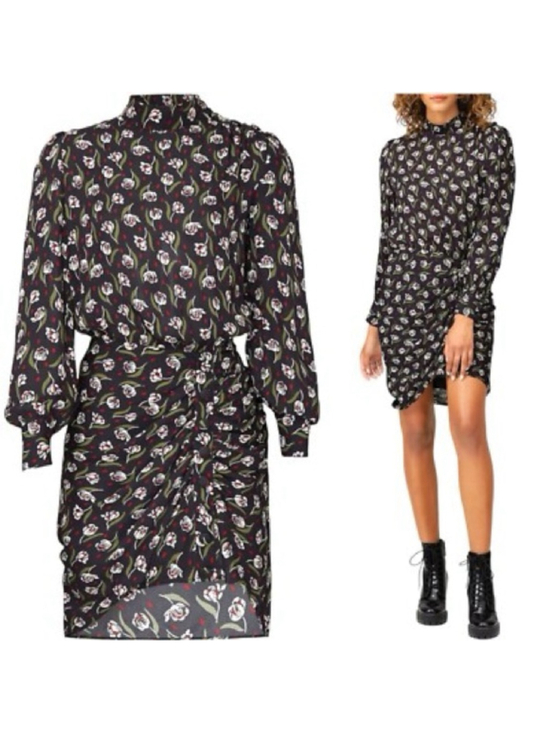 Veronica Beard Dresses & Skirts - Veronica Beard Cadence floral Ruched Midi Dress High Neck Long Sleeve Black S